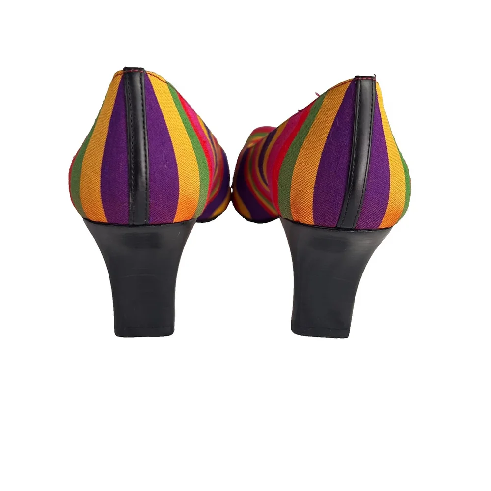 VTG Rangoni Firenze Italian Leather Silk Pumps Rainbow Striped Sz 8 AAA